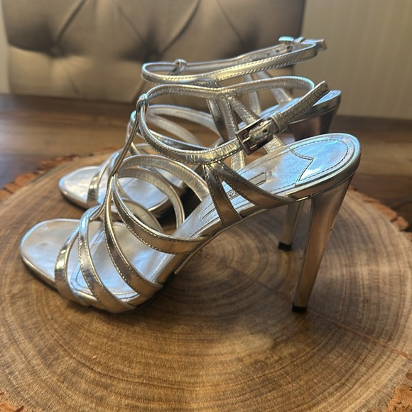 Strappy, shiny silver Prada heels. - Picture 2 of 5